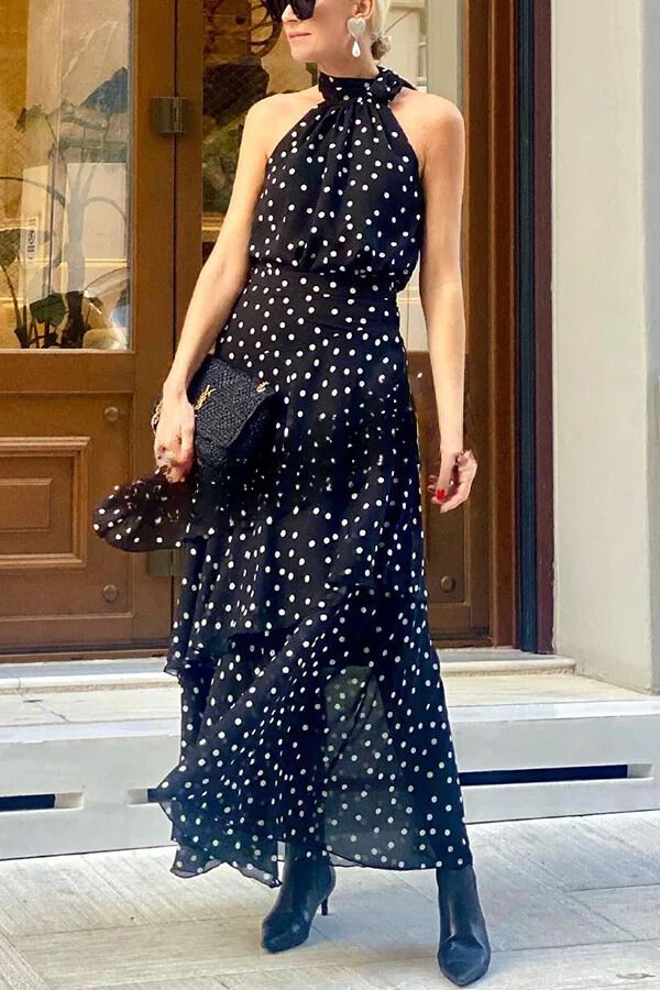 Vestido largo con cuello halter, lazo y estampado de lunares en Cabana Date