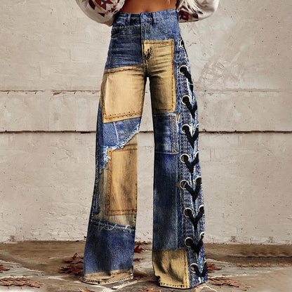 sheenchic Patchwork Allover Pattern High Rise Wide Leg Pants