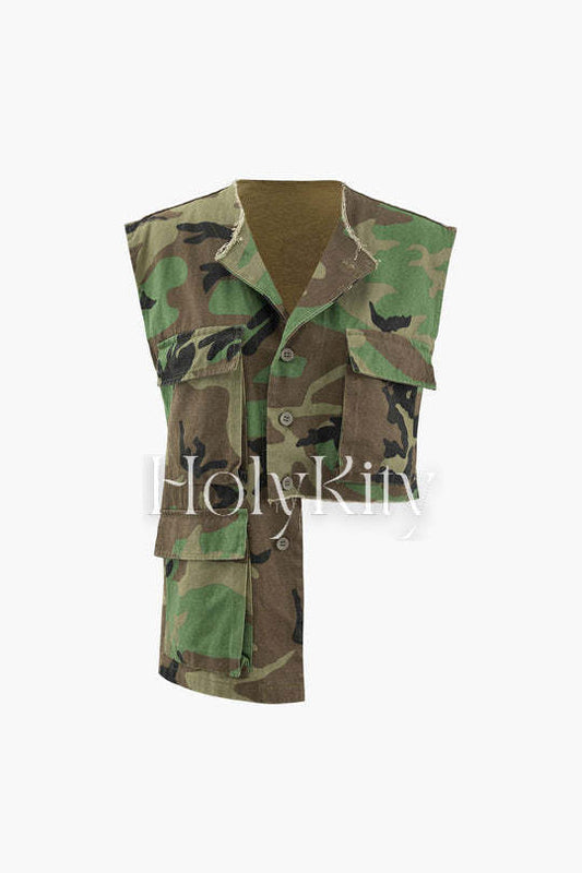Camo Print Asymmetric Sleeveless Shirt