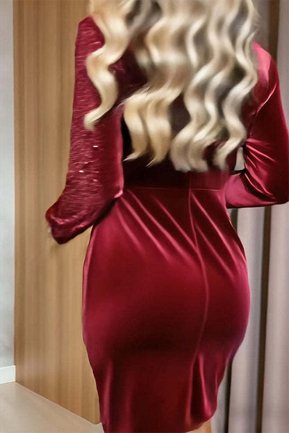 Fashionable Velvet Sequined V-neck Long-sleeved Slim-fit Mini Dress