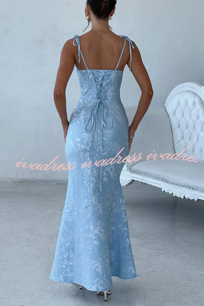 Jacquard Fabric Elegant Suspender Tie Slim Fishtail Maxi Dress
