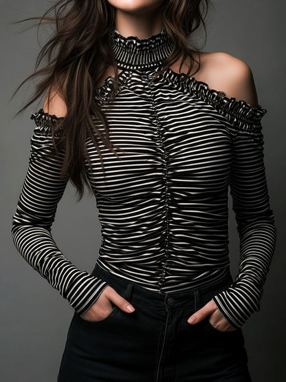 Classic High Neck Striped Cold-Shoulder Ruched Top