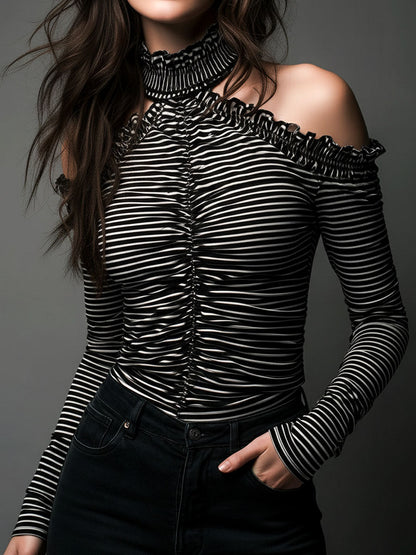 Classic High Neck Striped Cold-Shoulder Ruched Top