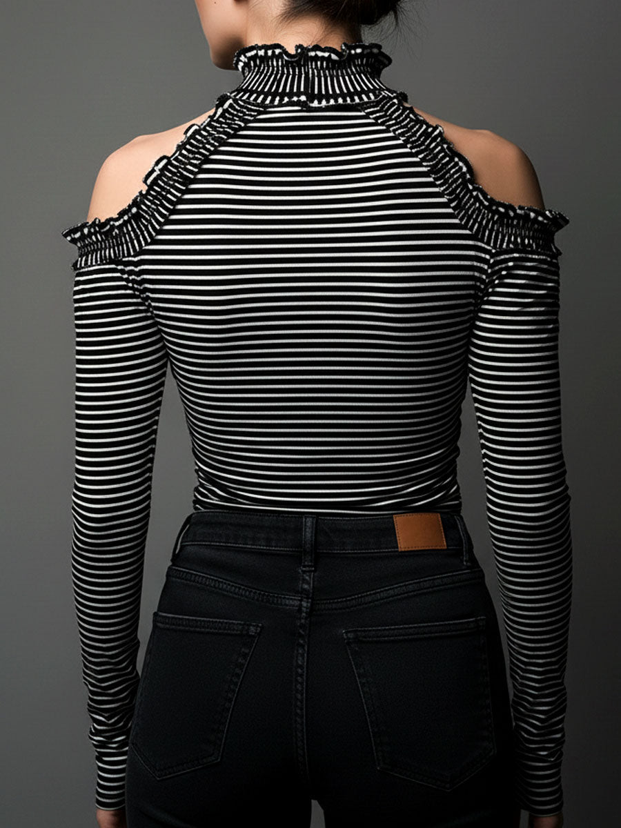 Classic High Neck Striped Cold-Shoulder Ruched Top
