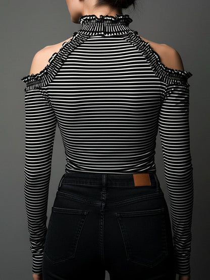 Classic High Neck Striped Cold-Shoulder Ruched Top