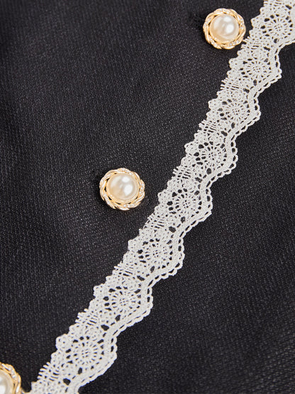 Elegant Pearl Button Blazer With Contrast Lace Trim