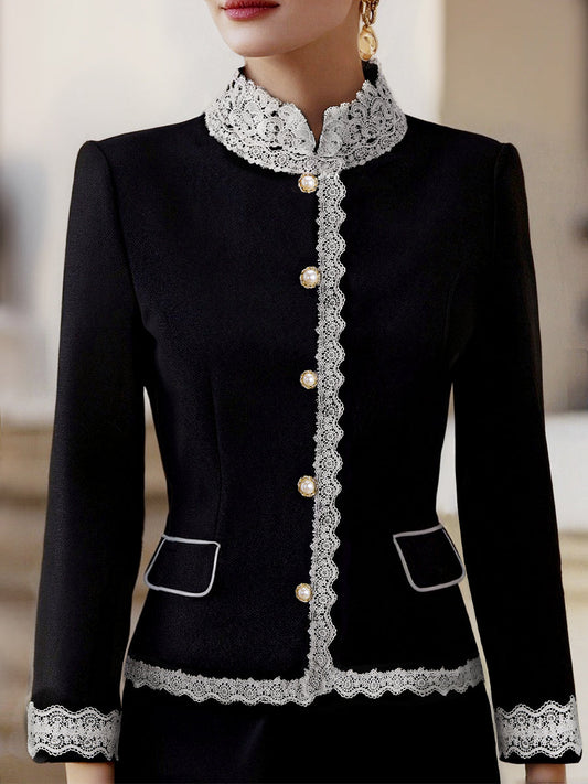 Elegant Pearl Button Blazer With Contrast Lace Trim