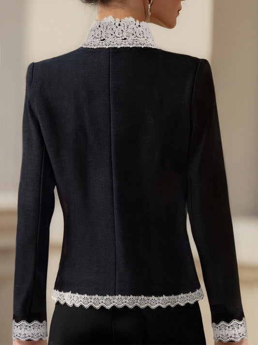 Elegant Pearl Button Blazer With Contrast Lace Trim