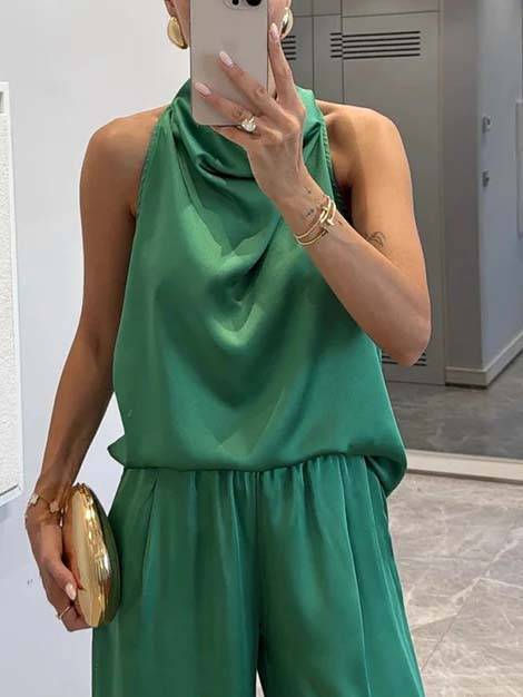 Elegant Halter Neck Swing Collar Top And Wide Leg Pants Suit-Top
