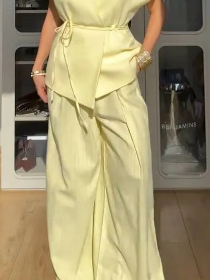 Minimalist Vest And Wide Leg Pants Suit-Pants