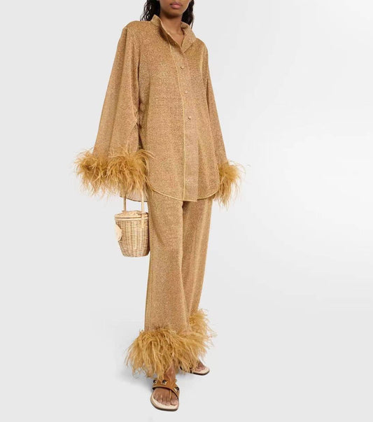 Feather Stand Collar Shirt Wide-leg Pants Suit