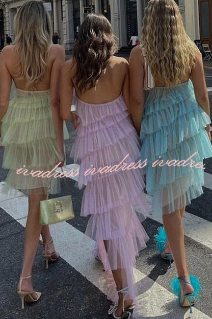 Best Days Patchwork Tulle Sheer Halterneck Pleated Midi Dress