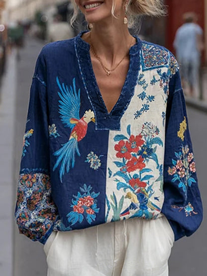 Vacation Burgundy Floral V Neck Lantern Sleeve Long Sleeve Contrast Vintage Linen Blouses