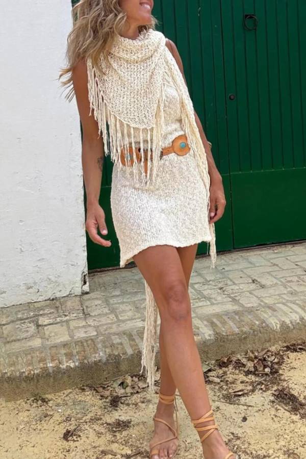 Summer Knit Halter Neck Tie Open Back Elastic Waist Mini Dress