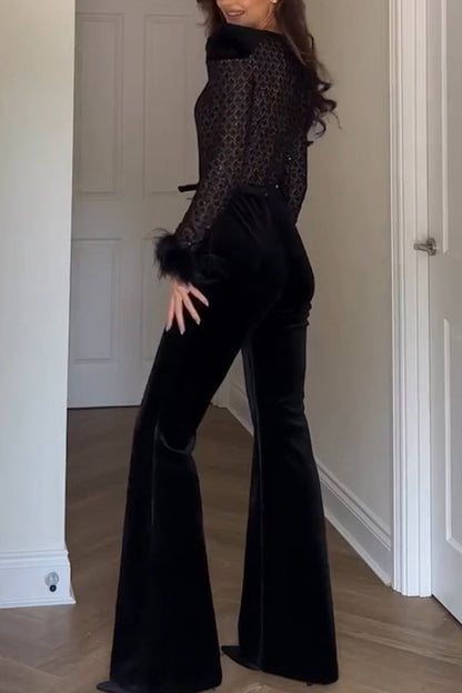 Monique Fish Scale Lace Sequin Velvet Patchwork Feather Trim Belted Stretch Flare Jumpsuit
