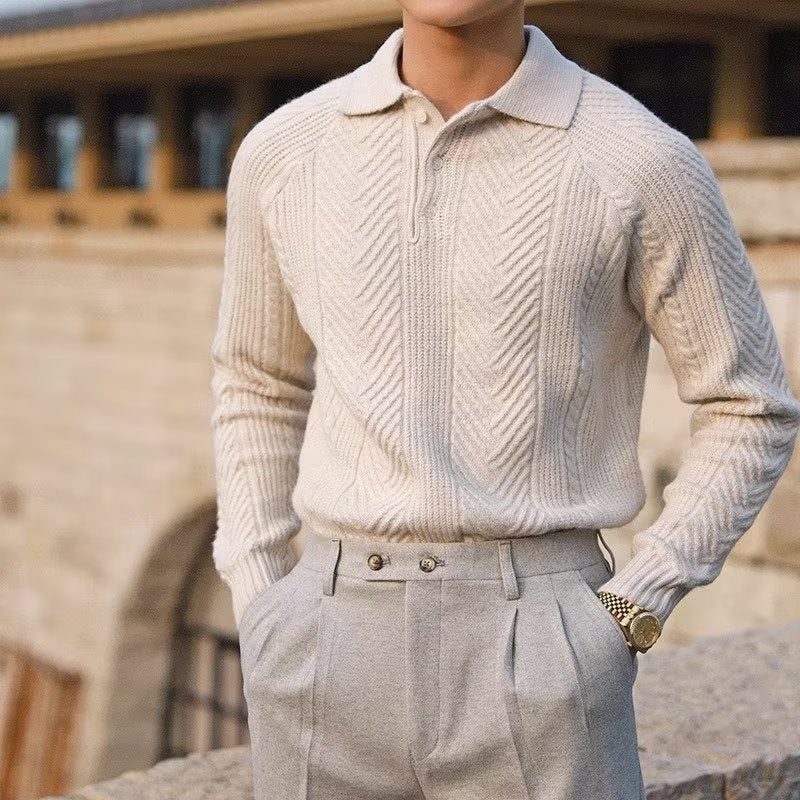 Knitted Polo Sweater | Textured Knit | Turn-Down Collar