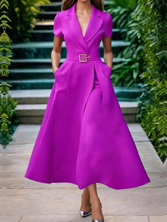 sheenchic Elegant Lapel Collar Belt Pocket Short Sleeve Midi Dress