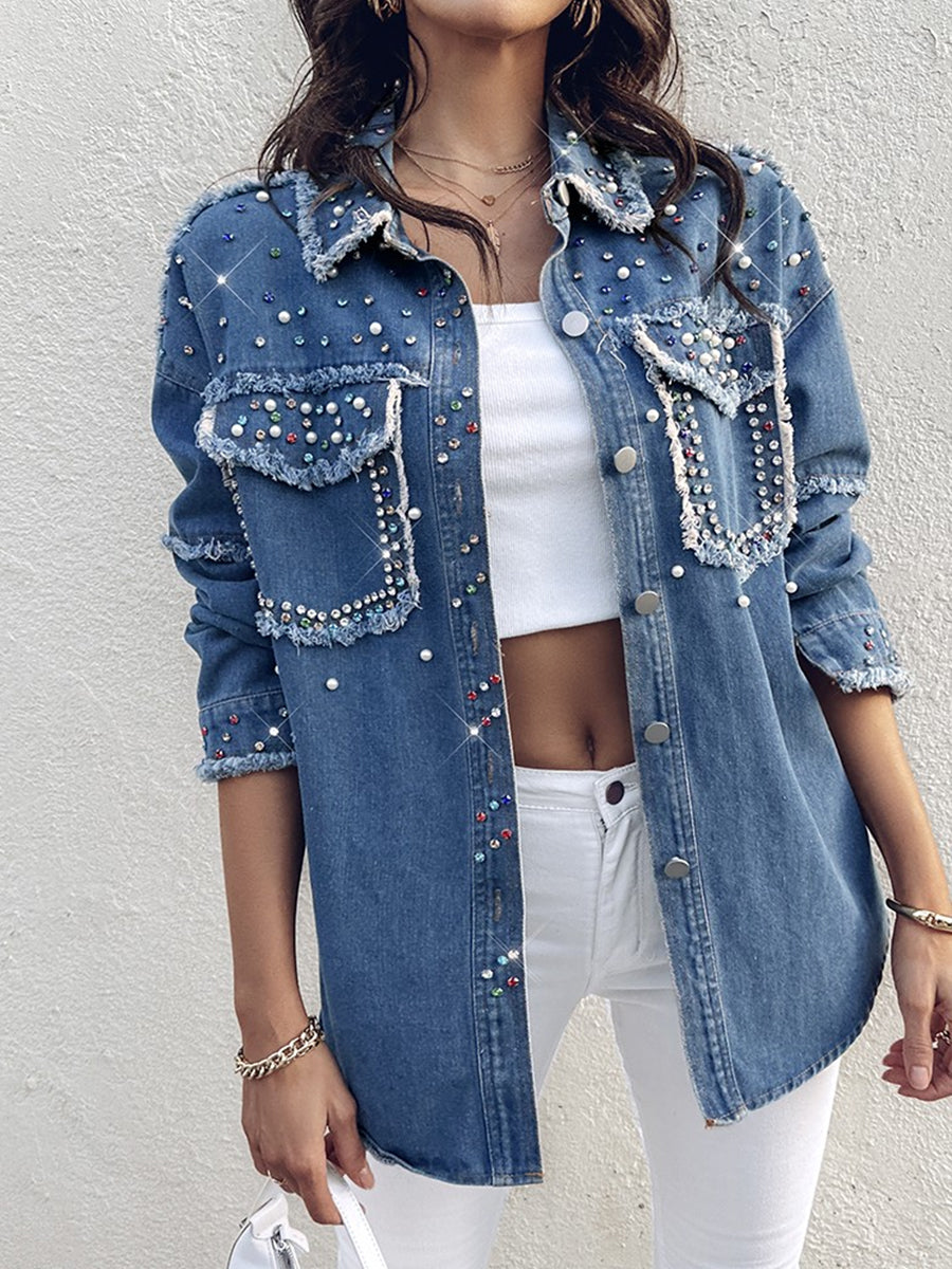 Casual Blue Denim Rhinestone Beaded Raw Edge Flap Pocket Long Sleeve Jacket