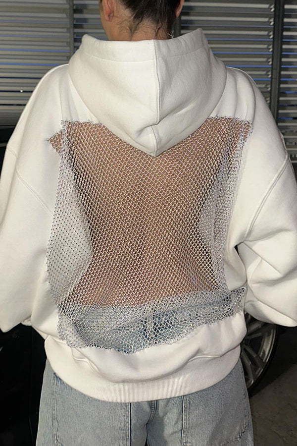 Sudadera con capucha, manga larga, holgada, de malla brillante y moderna, con espalda hueca 