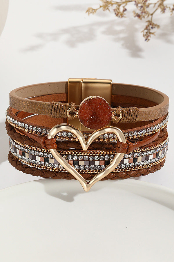 Bohemian Leather Cord Multi-layered Raw Stone Heart Bracelet