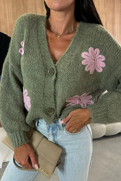 Cárdigan de punto con botones, manga larga, cuello en V y flores bordadas