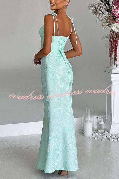 Jacquard Fabric Elegant Suspender Tie Slim Fishtail Maxi Dress