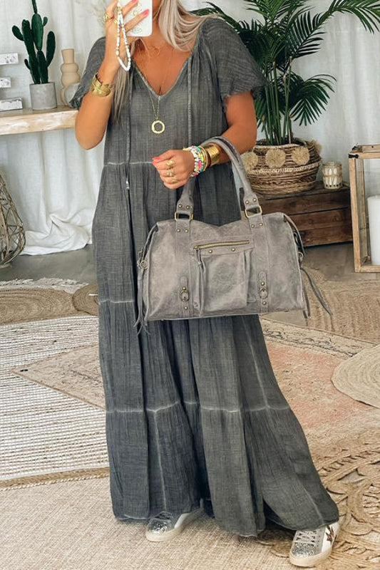 Vestido largo holgado de patchwork de algodón y lino 