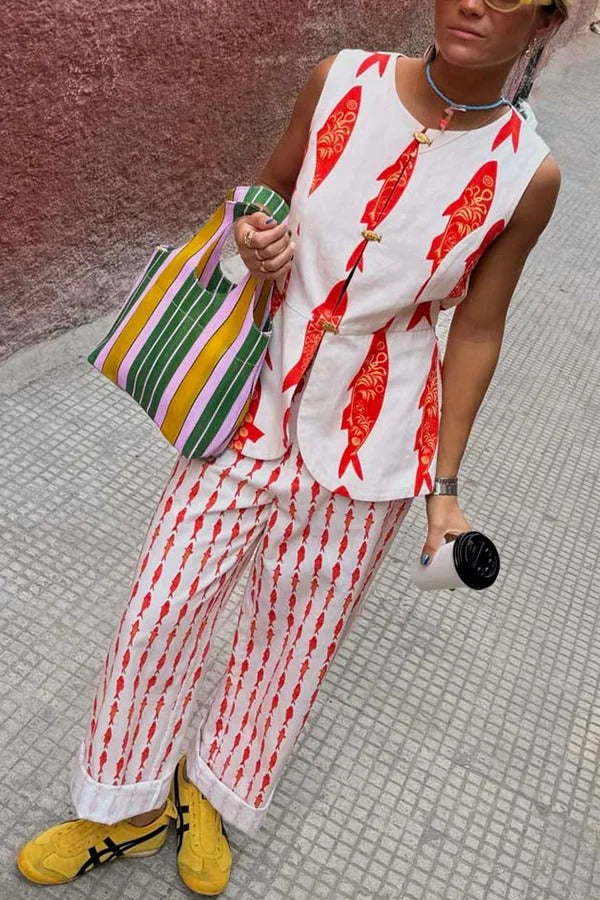 Chaleco de lino con botones metálicos y estampado de koi de buena suerte