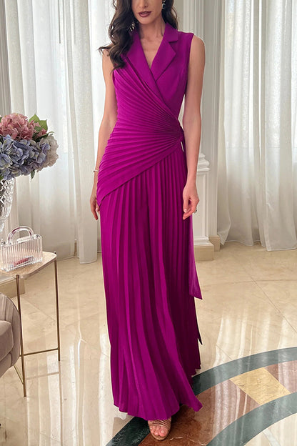 Solid Color Lapel Sleeveless Waist Tie Pleated Wide-leg Jumpsuit
