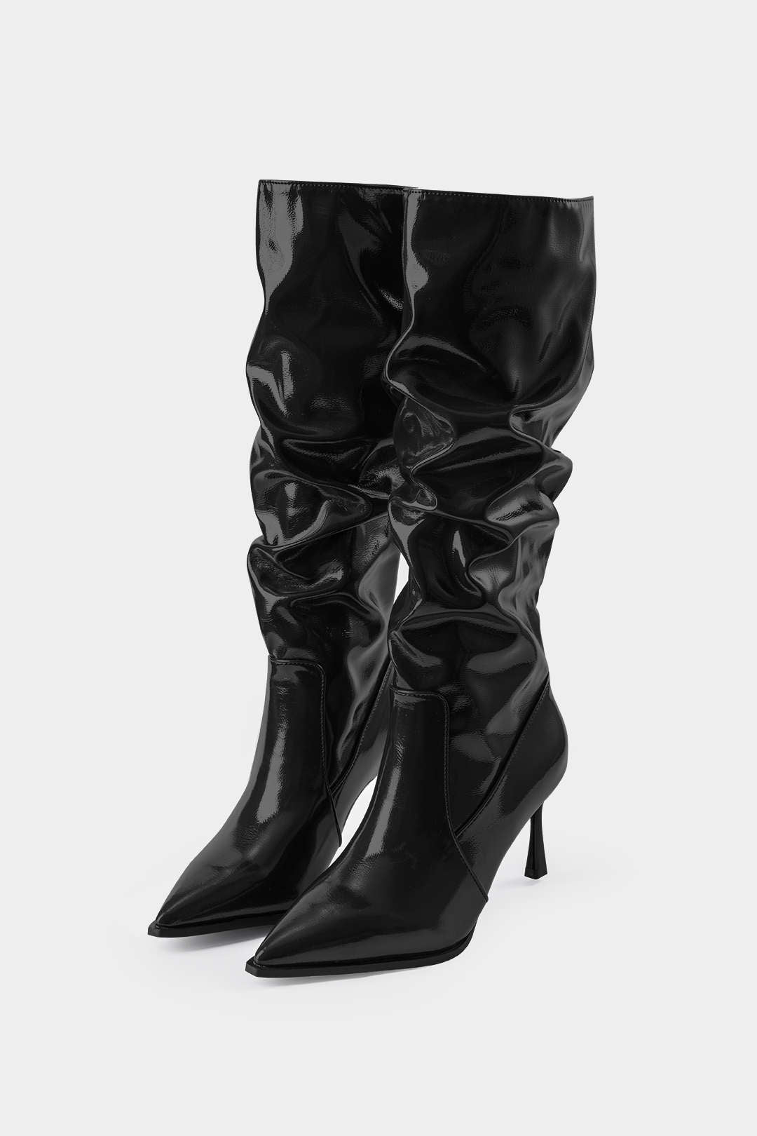 Faux Leather Ruched Pointed Toe Knee High Boots