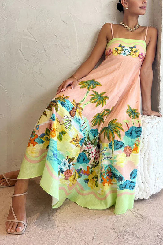 Vestido midi con espalda fruncida y estampado tropical de mezcla de lino con paisaje de coco 