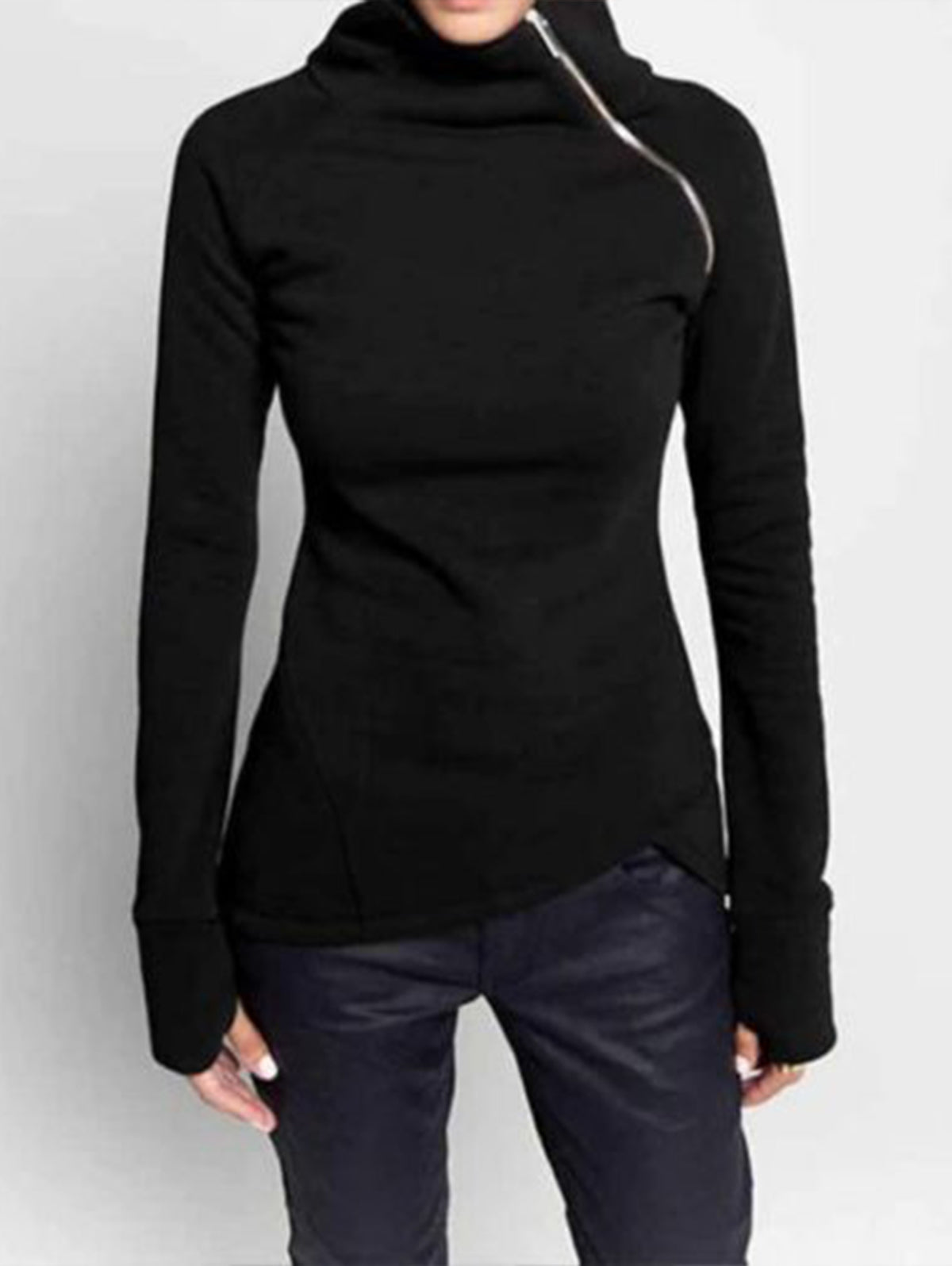 Casual High Neck Slant Zipper Long Sleeve Sweatshirt