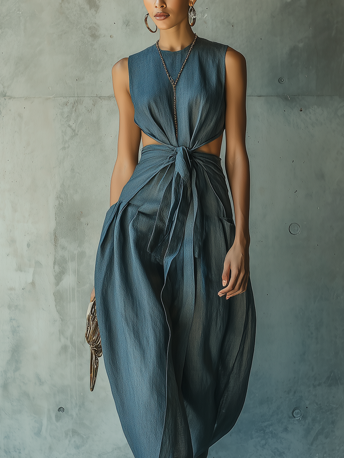 Sleeveless Tie-Front Jumpsuit With Cutout Waist And Draped Silhouette