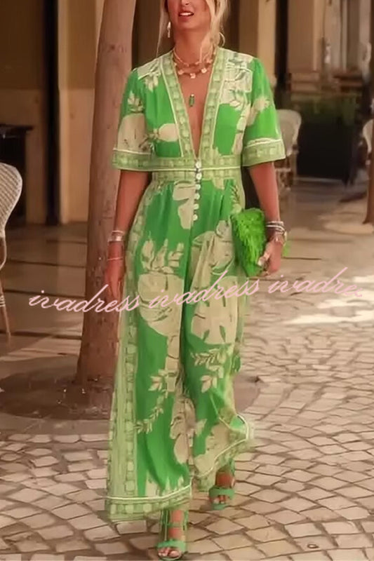 Plant Print V-Neck Short Sleeve Button Loose Pocket Jumpsuit