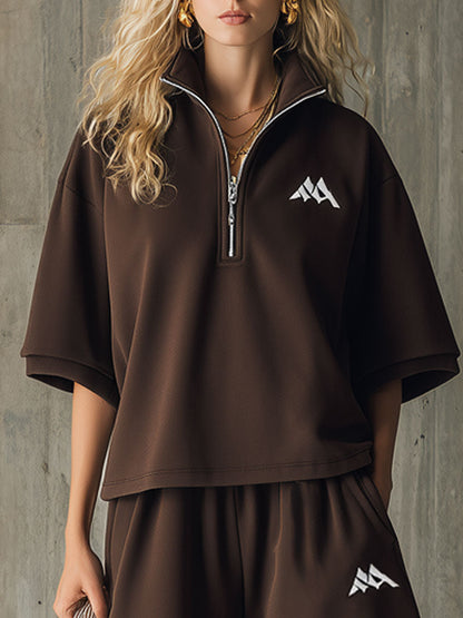 Sporty Retro Embroidered Dark Brown Short-Sleeve Sweatshirt And Shorts Set