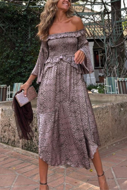 Carlie Printed Off Shoulder Smocked Ruffles Bell Sleeve Midi Dress