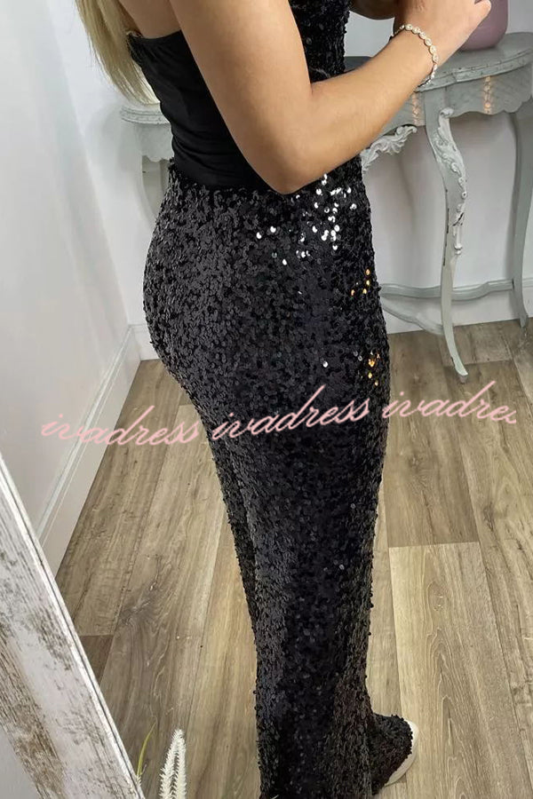 Glitzy Glamour Sequin High Rise Elastic Waist Wide Leg Pants