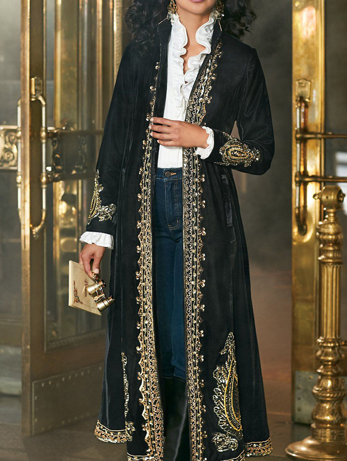 Velvet Stand Collar Geo Pattern Long Sleeve Ankle Length Coat