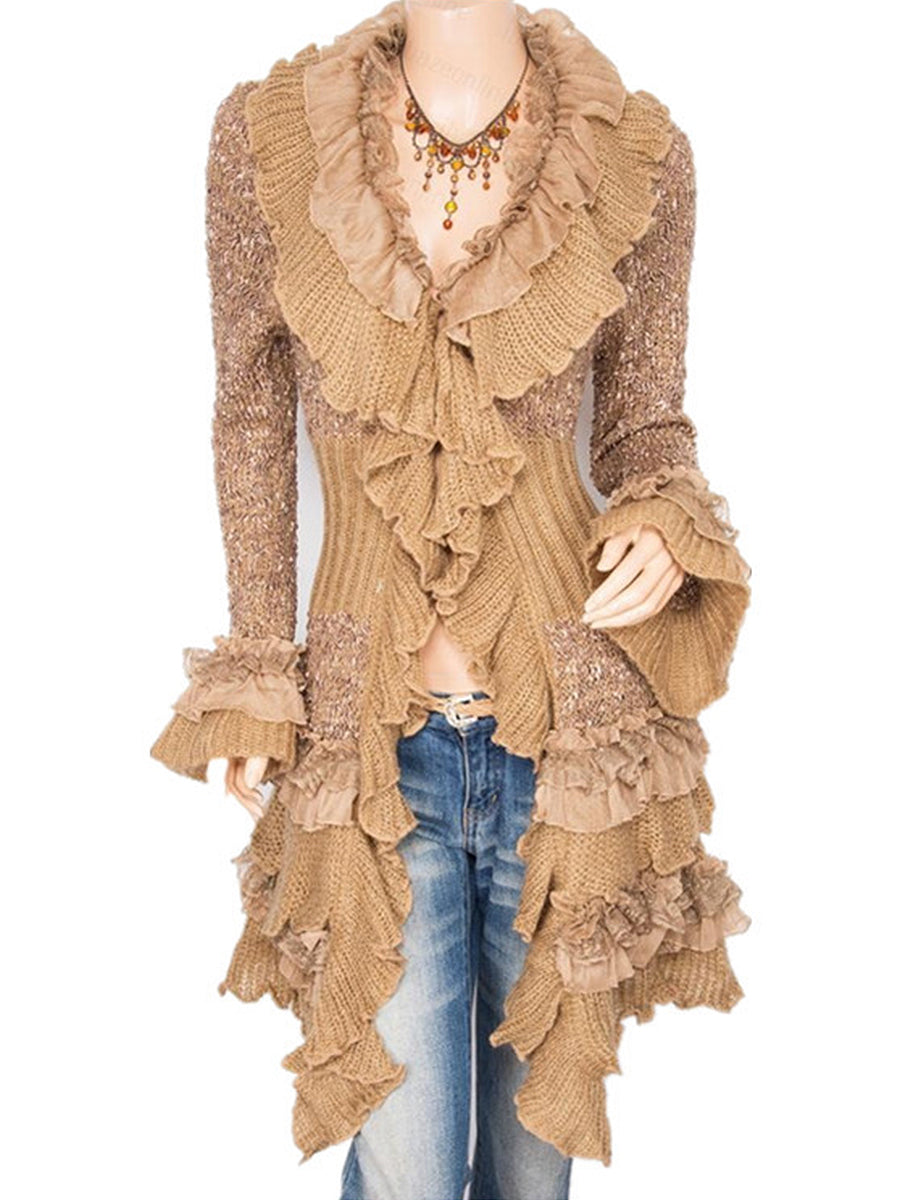 Daily Brown Stand-Up Collar Flare Long Sleeve Ruffle Vintage Contrast Knitted Cardigans