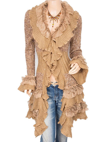 Daily Brown Stand-Up Collar Flare Long Sleeve Ruffle Vintage Contrast Knitted Cardigans