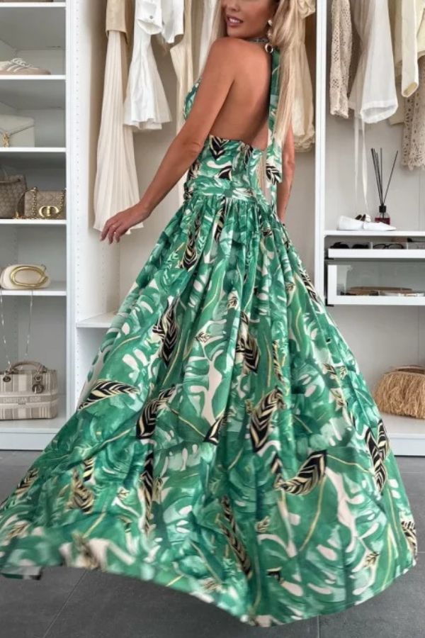 Amazon Scenery Unique Print Tie-up Cutout Waist Ring Halter Slit Maxi Dress