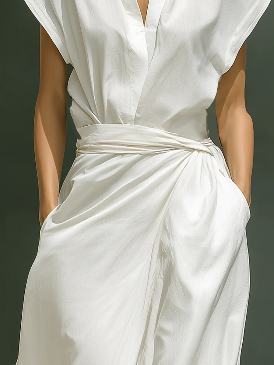 sheenchic Daily White V Neck Waistcoat Pocket Casual Two Piece Skirt Sets [Pre-Order]