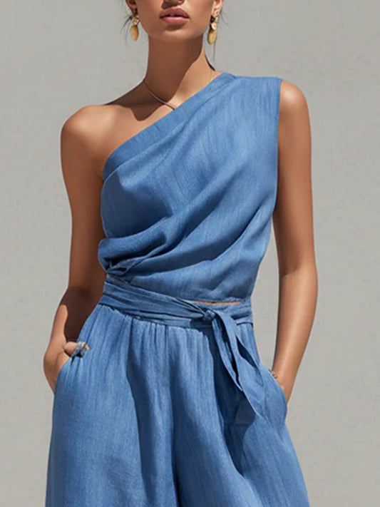 sheenchic Daily Blue One Shoulder Pocket Casual Two Piece Pant Sets [Pre-Order]
