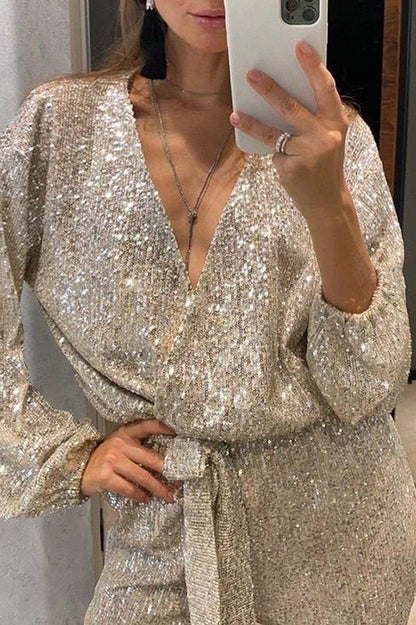 Cheers To You Sequin Long Sleeve Belted Wrap Loose Jumpsuit