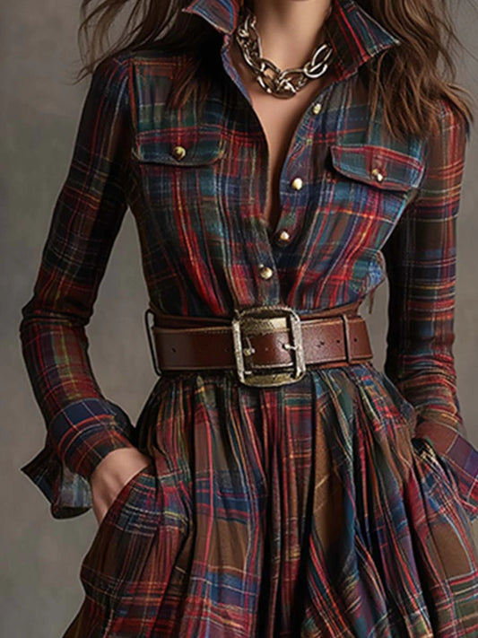 Casual Long Sleeve Button Pocket Plaid Print Shirt Maxi Dress (No Belt)
