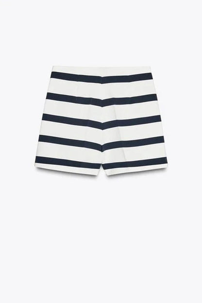 Logbook Stripe Button Shoulder T-Shirt and High-Rise Pocketed Loose Shorts Set