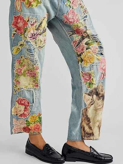 Elegant Floral Cat Ripped Denim Straight Leg Jeans