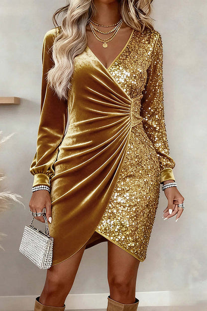 Fashionable Velvet Sequined V-neck Long-sleeved Slim-fit Mini Dress