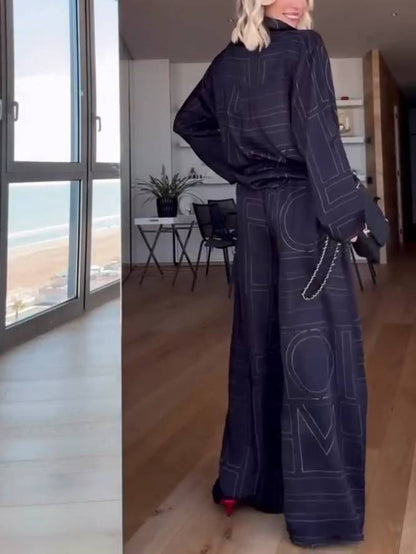 Geometric Letter Print Shirt Wide Leg Suit-Shirt