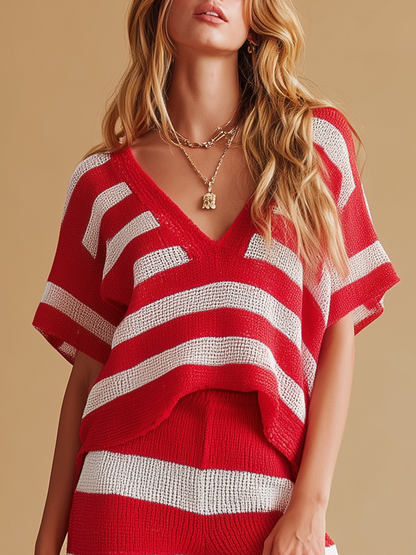 Classic Elegant Retro Striped Short-sleeved Knit T-shirt And Wide-leg Pants Set